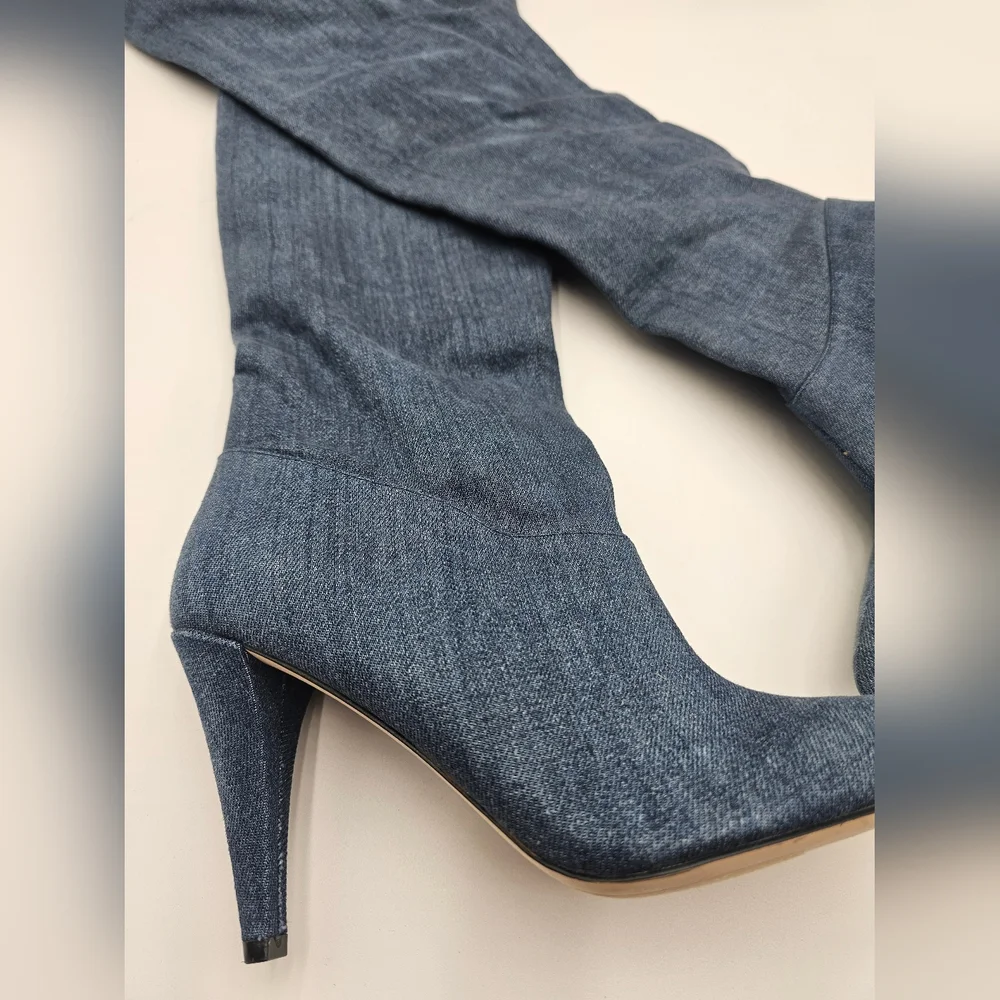 Guess Knee High‎ Denim Stiletto Boots Size 7 | Pointed Toe Heels Y2K Retro Style